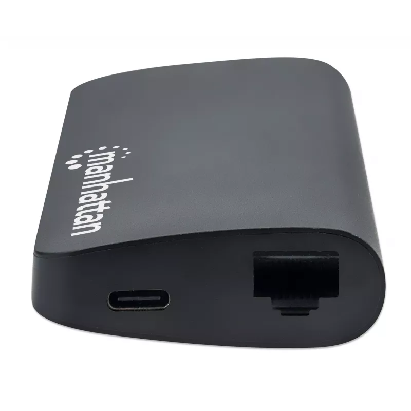 Manhattan USB-C dock/hub met kaartlezer, aansluitingen (x5): Ethernet, USB-A (3) en USB-C, 5 Gbit/s (USB 3.2 Gen1 alias USB 3.0), met Power Delivery (100W) naar de USB-C-aansluiting (let op: extra USB-C-voeding en USB-C-kabel vereist), universeel voor alle apparaten, aluminium