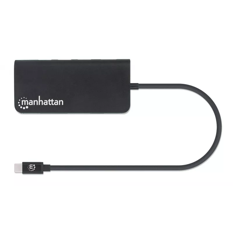 Manhattan USB-C dock/hub met kaartlezer, aansluitingen (x5): Ethernet, USB-A (3) en USB-C, 5 Gbit/s (USB 3.2 Gen1 alias USB 3.0), met Power Delivery (100W) naar de USB-C-aansluiting (let op: extra USB-C-voeding en USB-C-kabel vereist), universeel voor alle apparaten, aluminium