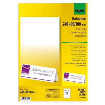 Sigel DP050 tafelkaarten, 240 x 90 mm, 185 g/m², hoogwit, 20 stuks