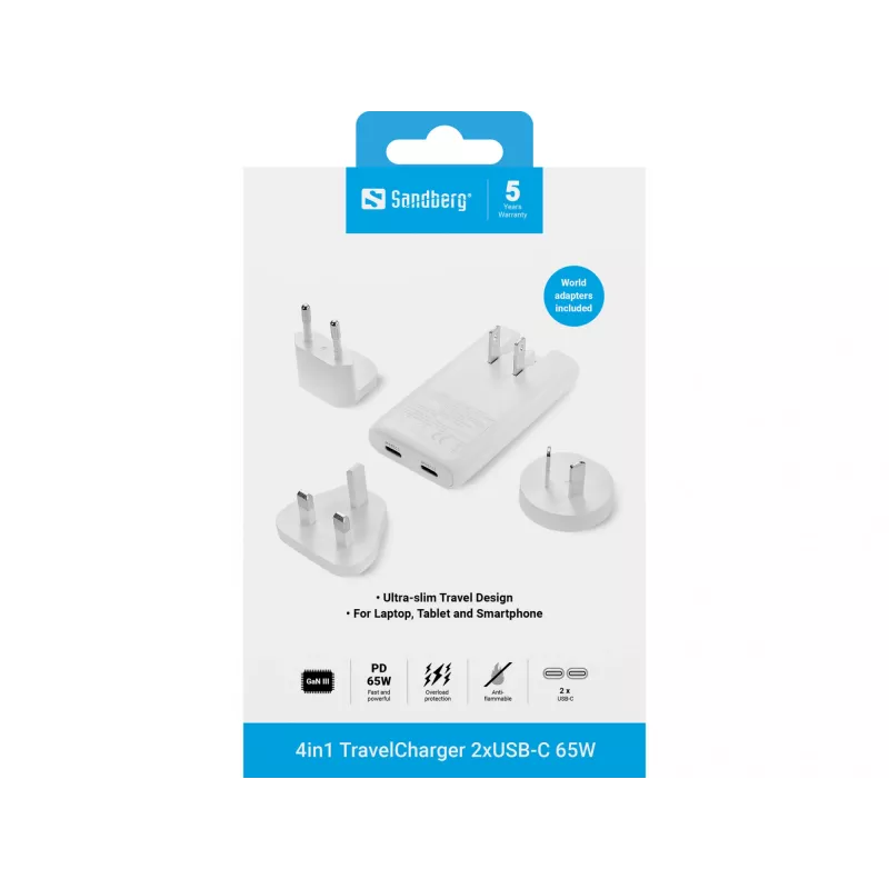 Sandberg 4in1 TravelCharger 65W wit, indoor, AC, 20 V, wit