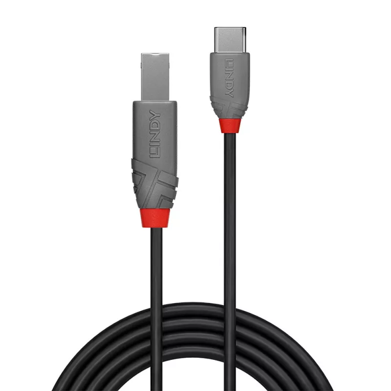 Lindy 2m USB 2.0 Type-C naar B kabel, Anthra Line, 2 m, USB-C, USB-B, USB 2.0, 0,48 Gbit/s, zwart