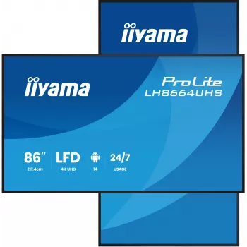 Digital-signage flatscreen IIYAMA LH8664UHS-B3AG — 85,6 inch (2,17 m) 3840x2160 4K IPS, 450 cd/m², Wi-Fi, Android, 24/7, zwart