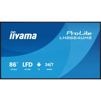 Digital-signage flatscreen IIYAMA LH8664UHS-B3AG — 85,6 inch (2,17 m) 3840x2160 4K IPS, 450 cd/m², Wi-Fi, Android, 24/7, zwart