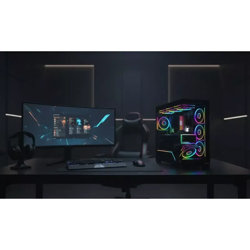 PC midi-tower behuizing MODECOM VOLCANO STELLAR PLUS ARGB MIDI, 5 frontventilatoren, gehard glas, USB-C