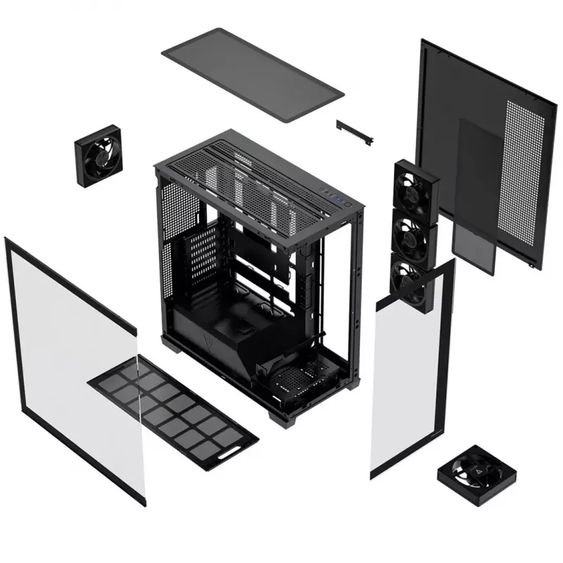 PC midi-tower behuizing MODECOM VOLCANO STELLAR PLUS ARGB MIDI, 5 frontventilatoren, gehard glas, USB-C