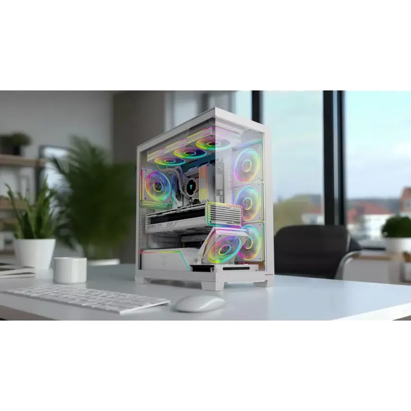 PC-behuizing MODECOM VOLCANO STELLAR PLUS MIDI WIT — midi tower, microATX, gehard glas, USB-C, ondersteunt GPU 420 mm