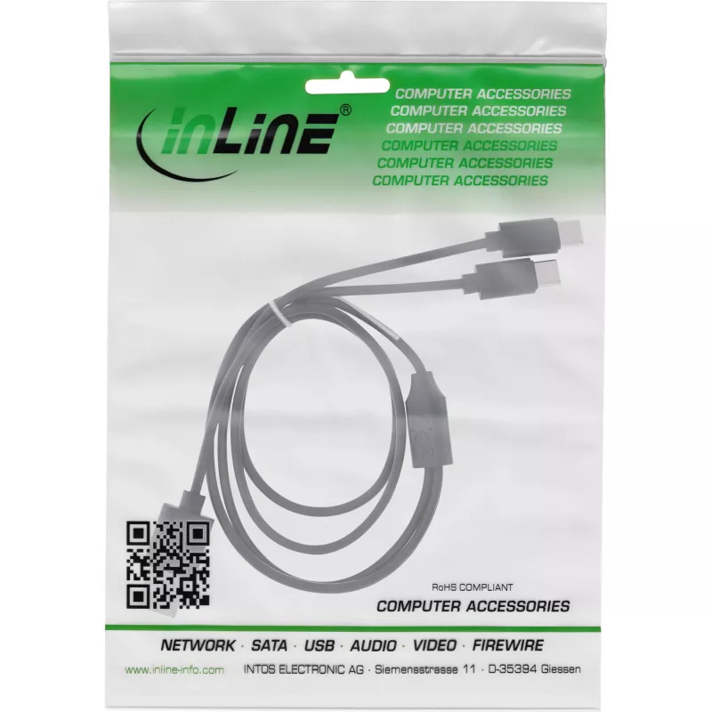 InLine USB 2in1 Y-oplaadkabel, 1x USB-A stekker naar 2x USB-C stekker, zwart 0,5m