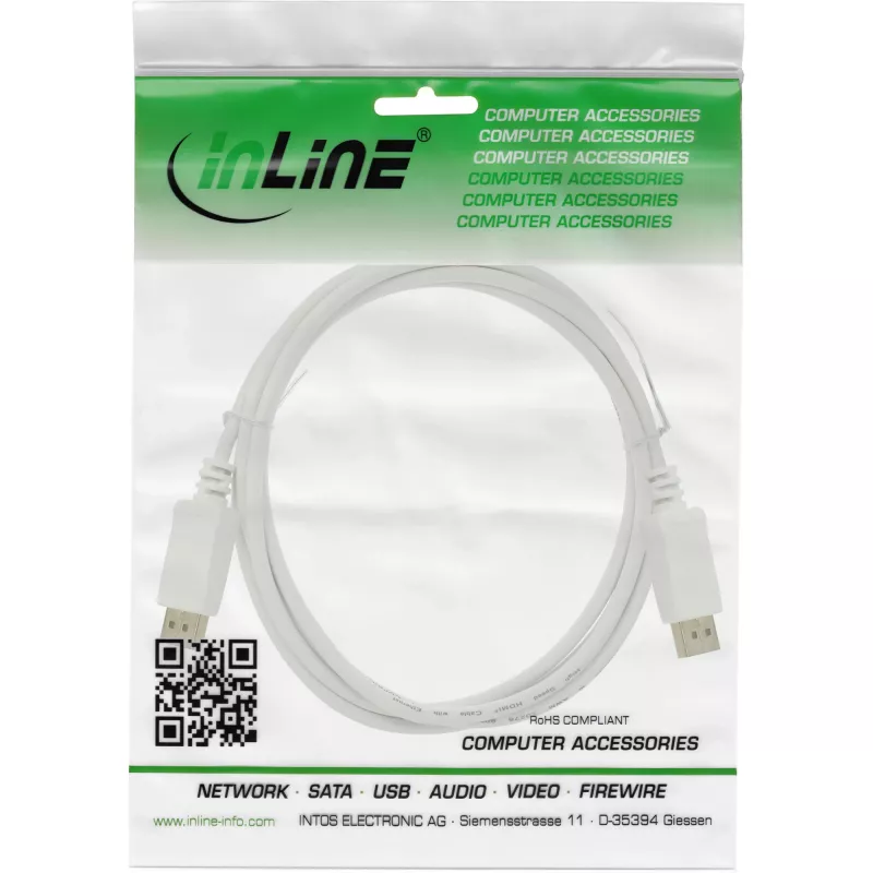 DisplayPort-kabel InLine 17211W, DisplayPort–DisplayPort, 1,5 m, wit, 7 mm diameter