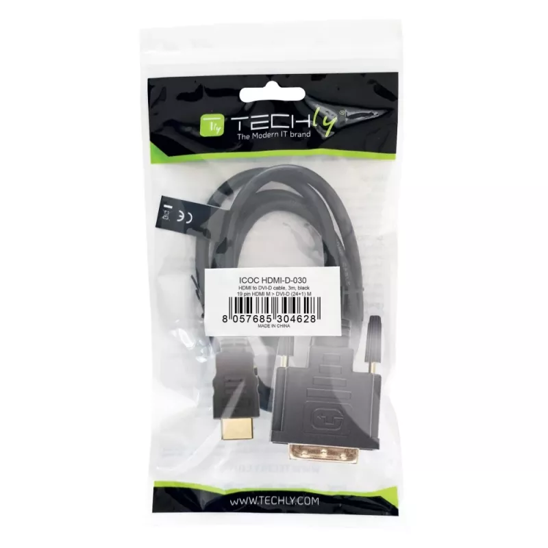 Techly videokabel HDMI naar DVI-D M/M 3m ICOC HDMI-D-030, 3 m, HDMI, DVI-D, stekker, stekker, goud