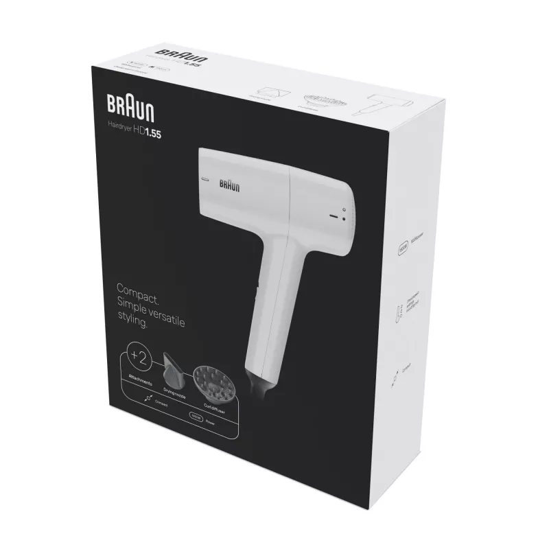 Haardroger BRAUN HD1.55 — 1800 W, 2 warmtestanden, Cool shot, 1,8 m kabel, wit