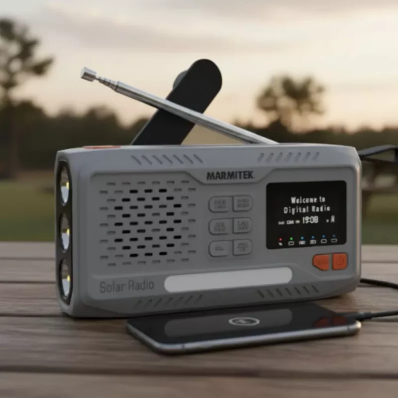 Draagbare slingerradio Marmitek RESQ 100 — DAB/DAB+/FM, 3 W, LCD, USB-C, 3,5-mm-aansluiting, lichtgrijs