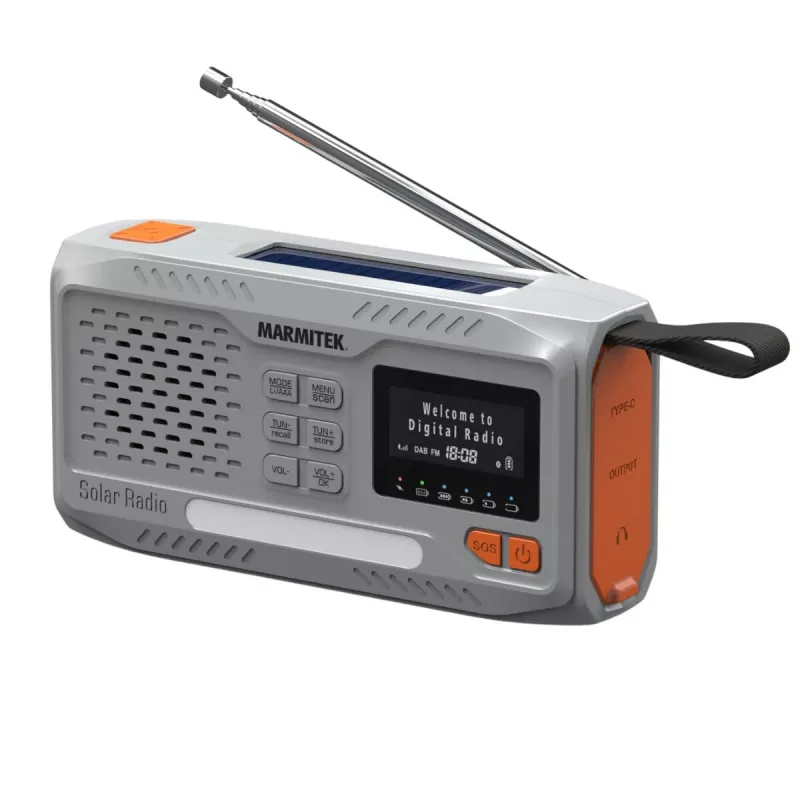 Draagbare slingerradio Marmitek RESQ 100 — DAB/DAB+/FM, 3 W, LCD, USB-C, 3,5-mm-aansluiting, lichtgrijs