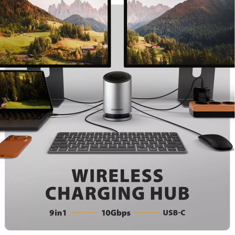 AXAGON HMC-WL9 USB-C 9-in-1 dockinghub met 10 Gbit/s, 100W PD, 8K HDMI, ethernet, draadloos laden
