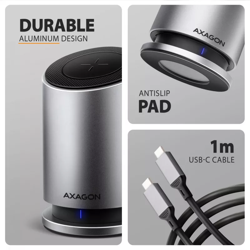 AXAGON HMC-WL9 USB-C 9-in-1 dockinghub met 10 Gbit/s, 100W PD, 8K HDMI, ethernet, draadloos laden