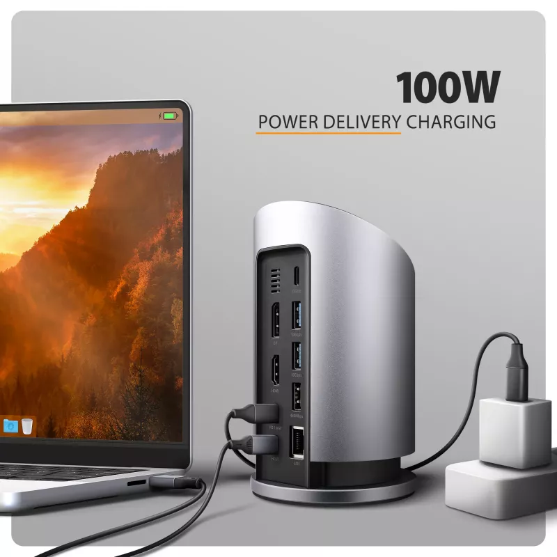 AXAGON HMC-WL9 USB-C 9-in-1 dockinghub met 10 Gbit/s, 100W PD, 8K HDMI, ethernet, draadloos laden