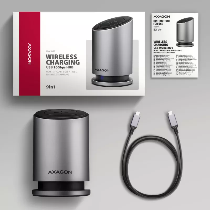 AXAGON HMC-WL9 USB-C 9-in-1 dockinghub met 10 Gbit/s, 100W PD, 8K HDMI, ethernet, draadloos laden