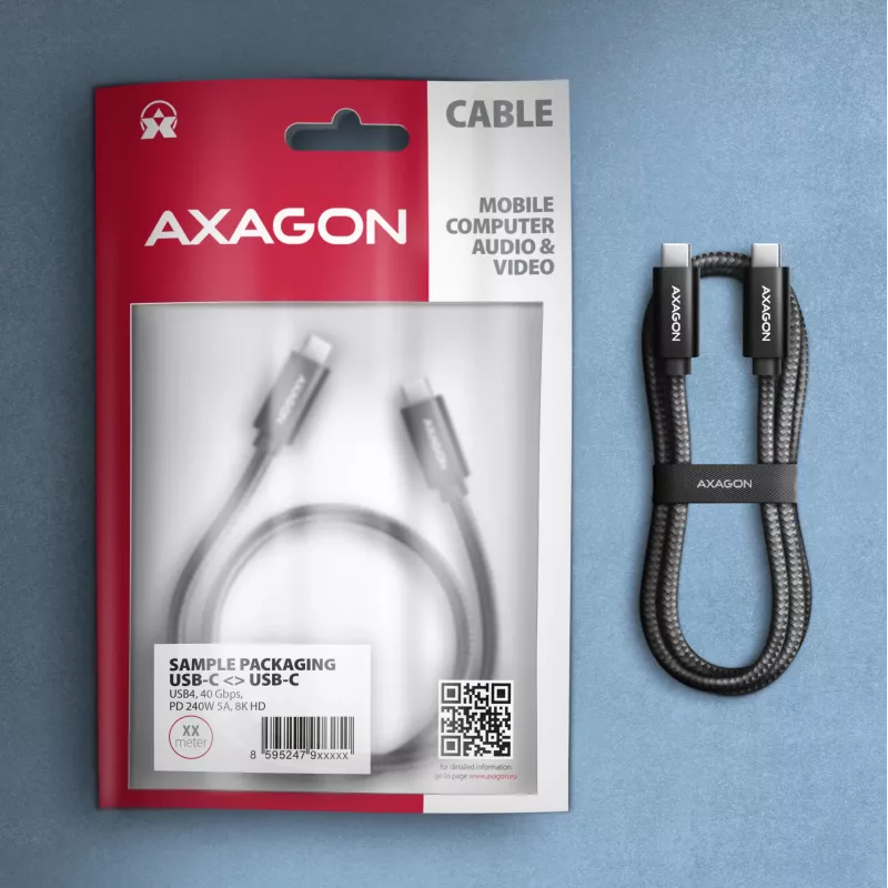 USB-C-naar-USB-C-kabel AXAGON BUCM4X-CM05AB — USB4 Gen 3x2, 40 Gbit/s, 240 W, 0,5 m, zwart