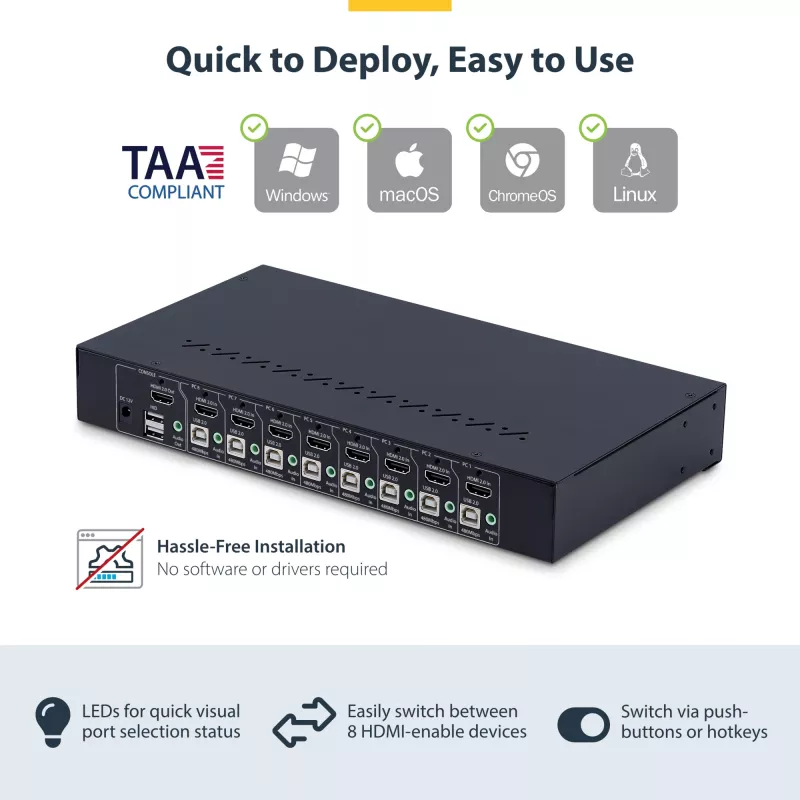 StarTech.com 8-poorts HDMI KVM-switch met 1U-rackmountkit, 4K 60Hz HDMI 2.0, knop- en hotkey-omschakeling, 4-poorts USB-hub, besturingssysteemonafhankelijk, TAA-conform