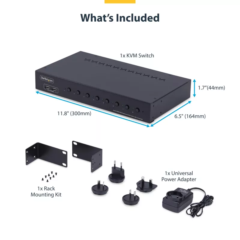 StarTech.com 8-poorts HDMI KVM-switch met 1U-rackmountkit, 4K 60Hz HDMI 2.0, knop- en hotkey-omschakeling, 4-poorts USB-hub, besturingssysteemonafhankelijk, TAA-conform