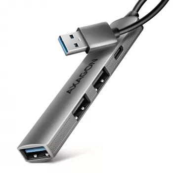 USB-hub AXAGON HUE-STA — 4-poorts aluminium strip, 1× USB-A 5 Gbit/s + 2× USB-A & 1× USB-C 480 Mbit/s, USB-A-host, grijs