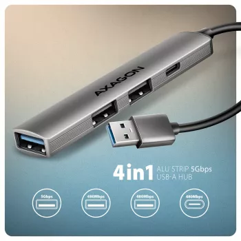 USB-hub AXAGON HUE-STA — 4-poorts aluminium strip, 1× USB-A 5 Gbit/s + 2× USB-A & 1× USB-C 480 Mbit/s, USB-A-host, grijs