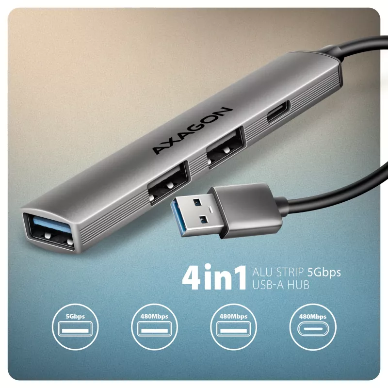 USB-hub AXAGON HUE-STA — 4-poorts aluminium strip, 1× USB-A 5 Gbit/s + 2× USB-A & 1× USB-C 480 Mbit/s, USB-A-host, grijs