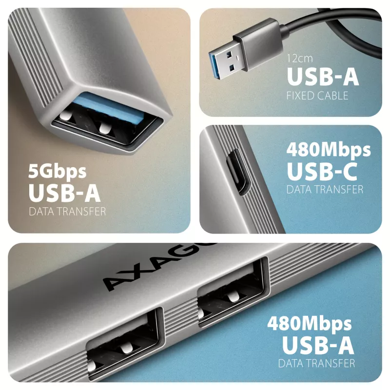 USB-hub AXAGON HUE-STA — 4-poorts aluminium strip, 1× USB-A 5 Gbit/s + 2× USB-A & 1× USB-C 480 Mbit/s, USB-A-host, grijs