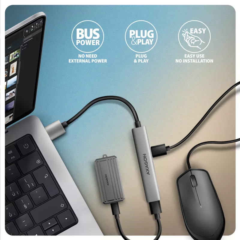 USB-hub AXAGON HUE-STA — 4-poorts aluminium strip, 1× USB-A 5 Gbit/s + 2× USB-A & 1× USB-C 480 Mbit/s, USB-A-host, grijs