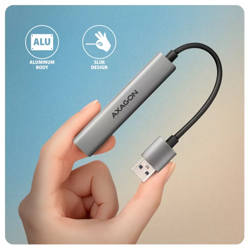 USB-hub AXAGON HUE-STA — 4-poorts aluminium strip, 1× USB-A 5 Gbit/s + 2× USB-A & 1× USB-C 480 Mbit/s, USB-A-host, grijs