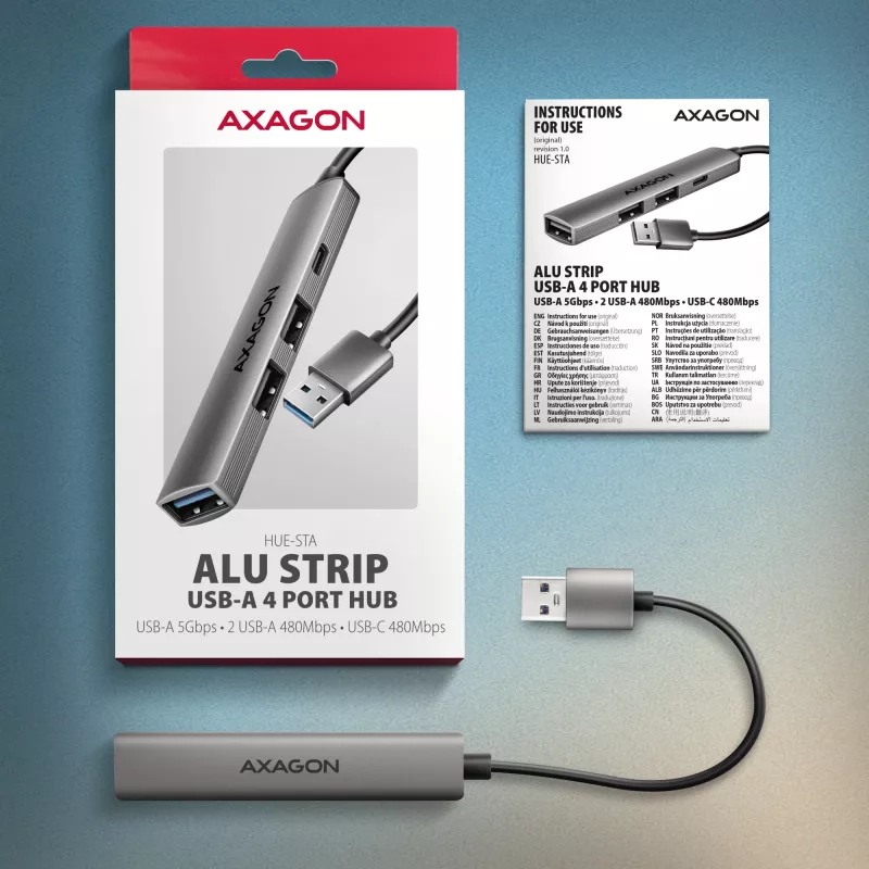 USB-hub AXAGON HUE-STA — 4-poorts aluminium strip, 1× USB-A 5 Gbit/s + 2× USB-A & 1× USB-C 480 Mbit/s, USB-A-host, grijs