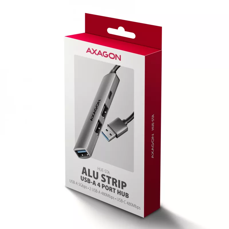 USB-hub AXAGON HUE-STA — 4-poorts aluminium strip, 1× USB-A 5 Gbit/s + 2× USB-A & 1× USB-C 480 Mbit/s, USB-A-host, grijs