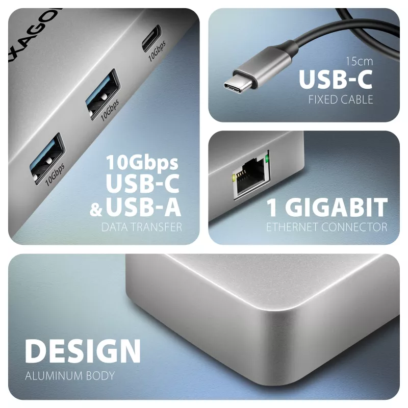 Axagon HMC-CUB83X2 USB 10Gbps-hub, 2x USB-A, USB-C, HDMI & DP 4K/144Hz, RJ-45, PD 100W