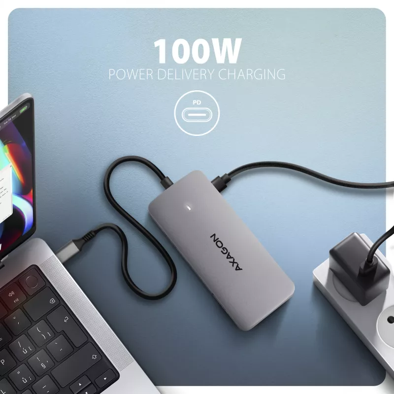 Axagon HMC-CUB83X2 USB 10Gbps-hub, 2x USB-A, USB-C, HDMI & DP 4K/144Hz, RJ-45, PD 100W