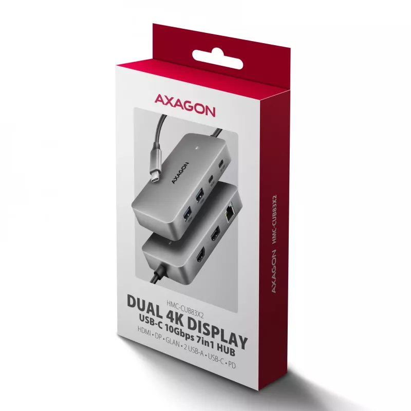 Axagon HMC-CUB83X2 USB 10Gbps-hub, 2x USB-A, USB-C, HDMI & DP 4K/144Hz, RJ-45, PD 100W