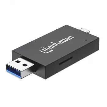 Manhattan USB-A / USB-C combi multi-kaartlezer/-schrijver, 5 Gbit/s (USB 3.2 Gen1 alias USB 3.0), stekker naar microSD- en SD/MMC-slots, mini-formaat, SuperSpeed USB, Windows of Mac, zwart/transparant, drie jaar garantie