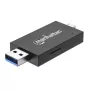 Manhattan USB-A / USB-C combi multi-kaartlezer/-schrijver, 5 Gbit/s (USB 3.2 Gen1 alias USB 3.0), stekker naar microSD- en SD/MMC-slots, mini-formaat, SuperSpeed USB, Windows of Mac, zwart/transparant, drie jaar garantie