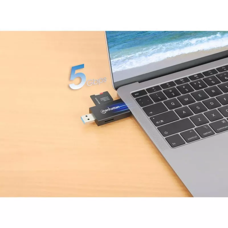 Manhattan USB-A / USB-C combi multi-kaartlezer/-schrijver, 5 Gbit/s (USB 3.2 Gen1 alias USB 3.0), stekker naar microSD- en SD/MMC-slots, mini-formaat, SuperSpeed USB, Windows of Mac, zwart/transparant, drie jaar garantie