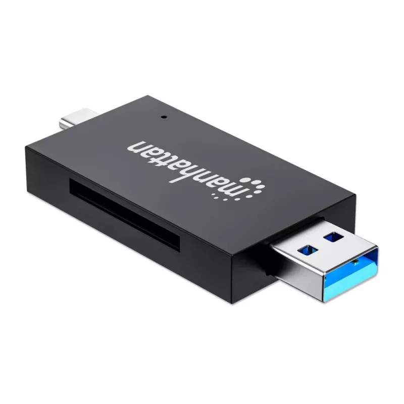 Manhattan USB-A / USB-C combi multi-kaartlezer/-schrijver, 5 Gbit/s (USB 3.2 Gen1 alias USB 3.0), stekker naar microSD- en SD/MMC-slots, mini-formaat, SuperSpeed USB, Windows of Mac, zwart/transparant, drie jaar garantie