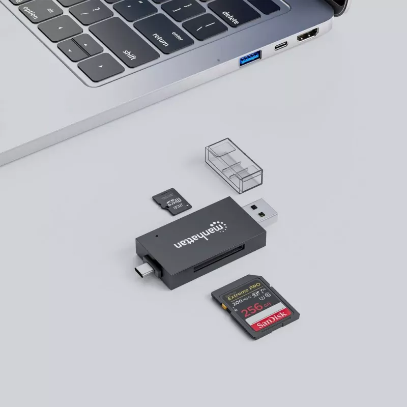 Manhattan USB-A / USB-C combi multi-kaartlezer/-schrijver, 5 Gbit/s (USB 3.2 Gen1 alias USB 3.0), stekker naar microSD- en SD/MMC-slots, mini-formaat, SuperSpeed USB, Windows of Mac, zwart/transparant, drie jaar garantie