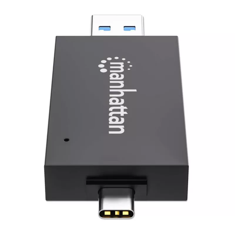 Manhattan USB-A / USB-C combi multi-kaartlezer/-schrijver, 5 Gbit/s (USB 3.2 Gen1 alias USB 3.0), stekker naar microSD- en SD/MMC-slots, mini-formaat, SuperSpeed USB, Windows of Mac, zwart/transparant, drie jaar garantie