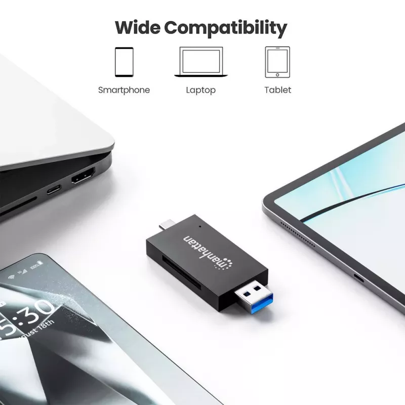 Manhattan USB-A / USB-C combi multi-kaartlezer/-schrijver, 5 Gbit/s (USB 3.2 Gen1 alias USB 3.0), stekker naar microSD- en SD/MMC-slots, mini-formaat, SuperSpeed USB, Windows of Mac, zwart/transparant, drie jaar garantie