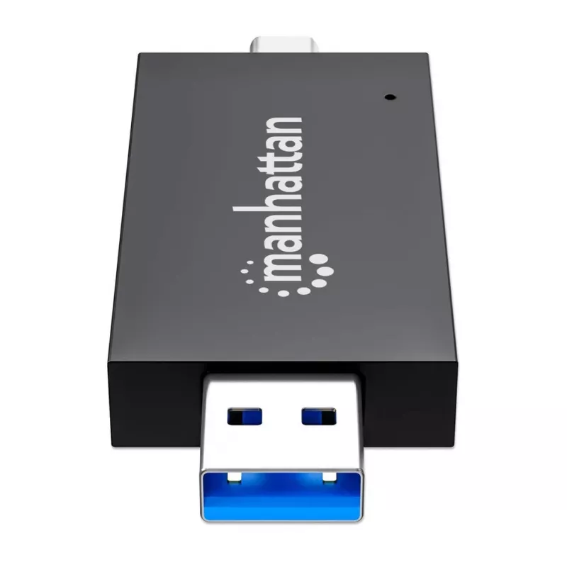 Manhattan USB-A / USB-C combi multi-kaartlezer/-schrijver, 5 Gbit/s (USB 3.2 Gen1 alias USB 3.0), stekker naar microSD- en SD/MMC-slots, mini-formaat, SuperSpeed USB, Windows of Mac, zwart/transparant, drie jaar garantie