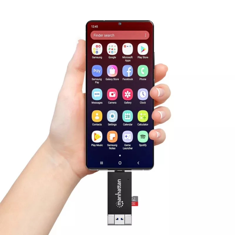 Manhattan USB-A / USB-C combi multi-kaartlezer/-schrijver, 5 Gbit/s (USB 3.2 Gen1 alias USB 3.0), stekker naar microSD- en SD/MMC-slots, mini-formaat, SuperSpeed USB, Windows of Mac, zwart/transparant, drie jaar garantie