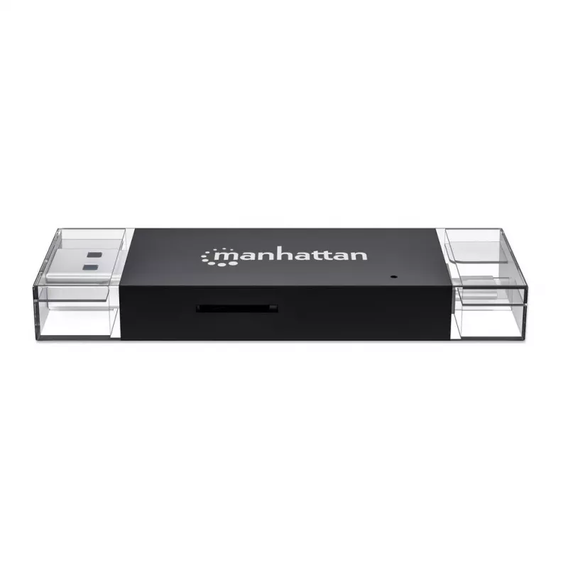 Manhattan USB-A / USB-C combi multi-kaartlezer/-schrijver, 5 Gbit/s (USB 3.2 Gen1 alias USB 3.0), stekker naar microSD- en SD/MMC-slots, mini-formaat, SuperSpeed USB, Windows of Mac, zwart/transparant, drie jaar garantie