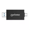 Manhattan USB-A / USB-C combi multi-kaartlezer/-schrijver, 5 Gbit/s (USB 3.2 Gen1 alias USB 3.0), stekker naar microSD- en SD/MMC-slots, mini-formaat, SuperSpeed USB, Windows of Mac, zwart/transparant, drie jaar garantie