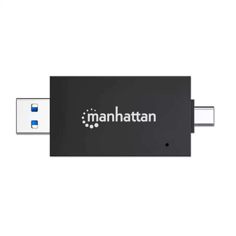 Manhattan USB-A / USB-C combi multi-kaartlezer/-schrijver, 5 Gbit/s (USB 3.2 Gen1 alias USB 3.0), stekker naar microSD- en SD/MMC-slots, mini-formaat, SuperSpeed USB, Windows of Mac, zwart/transparant, drie jaar garantie