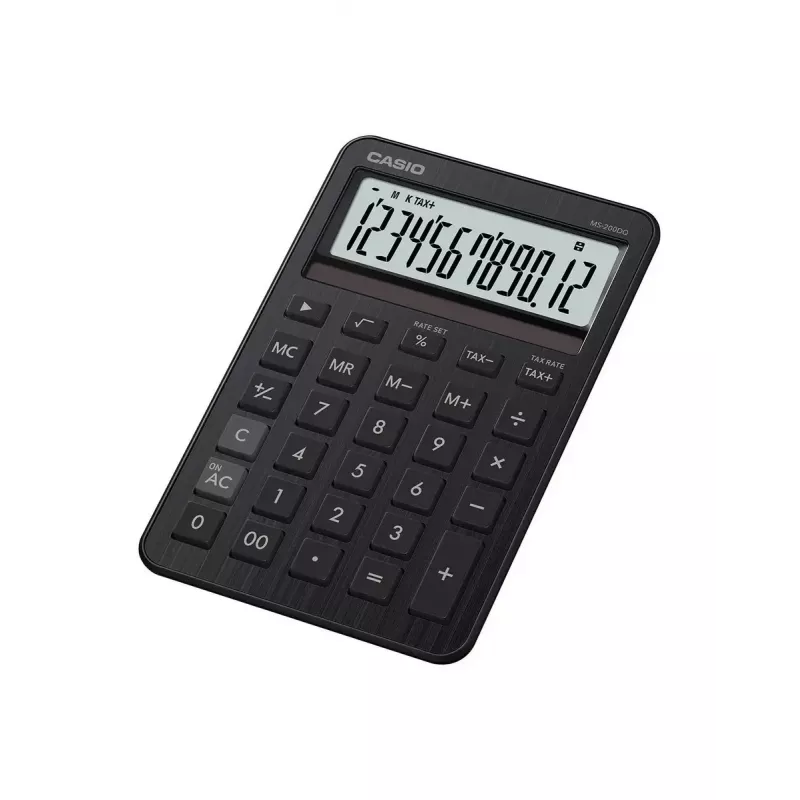 Tafelrekenmachine CASIO MS-200DQ — basic, 12-cijferig, batterij/zonne-energie, belasting- & winstfuncties, zwart