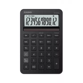 Tafelrekenmachine CASIO MS-200DQ — basic, 12-cijferig, batterij/zonne-energie, belasting- & winstfuncties, zwart