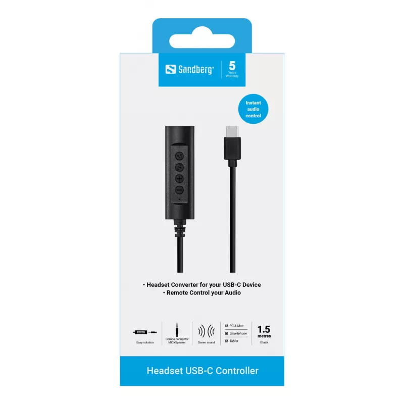 Sandberg headset USB-C controller, 1,5 m, controller, 25 g, zwart