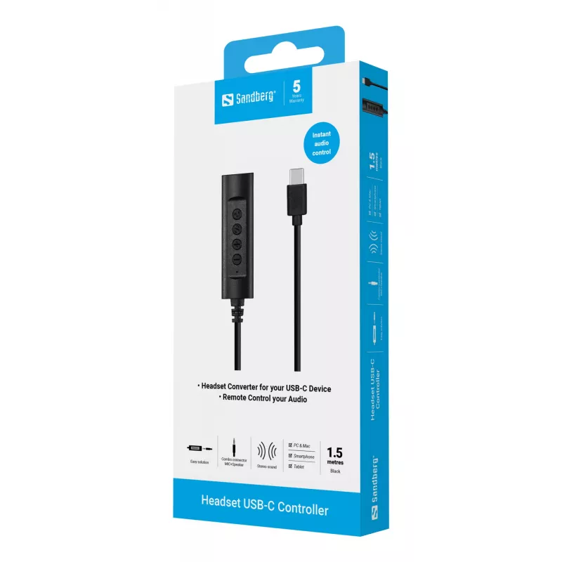 Sandberg headset USB-C controller, 1,5 m, controller, 25 g, zwart